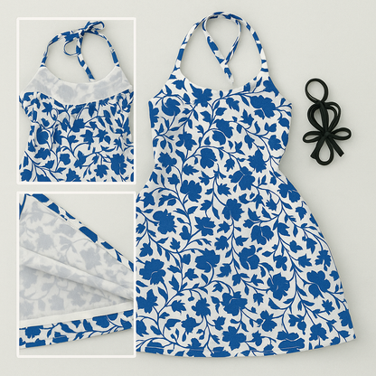 Halter neck backless blue floral kurti
