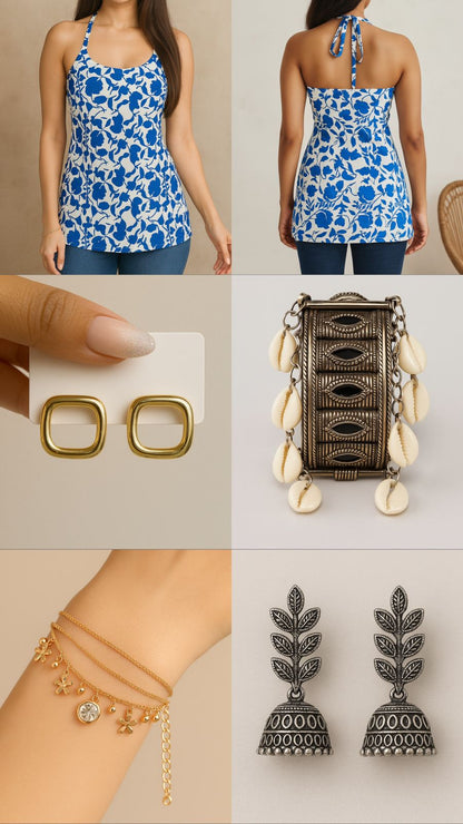 Blue floral halter neck kurti combo