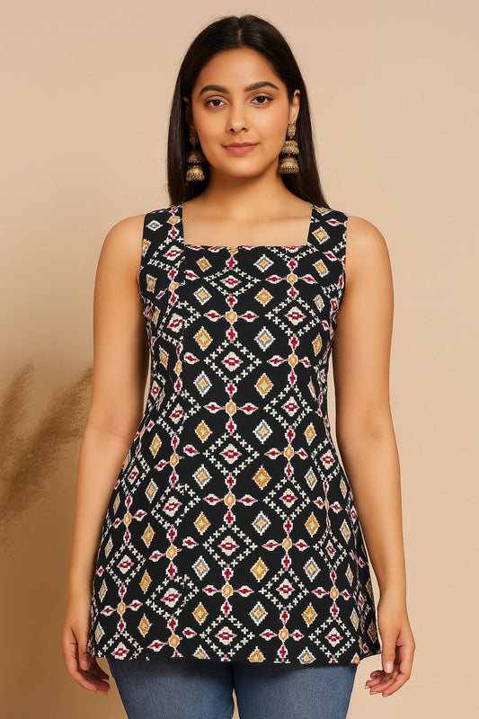 Back bow tying black printed kurti