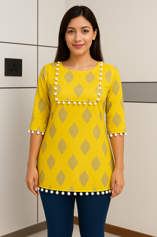 Yellow pom pom festive kurti