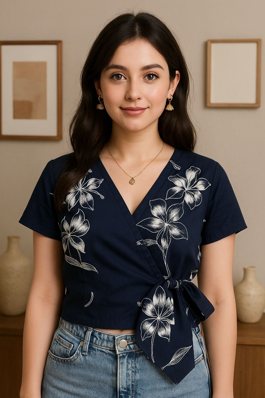 Navy blue wrap top with side knot