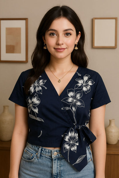 Navy blue wrap top with side knot