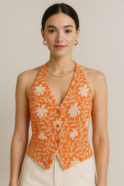 Orange printed waist coat